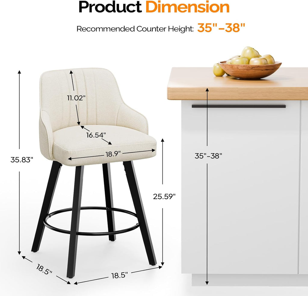Beige Linen Wood Swivel Bar Stools Set of 2