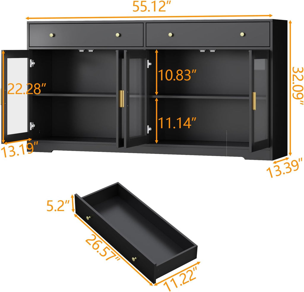 Black LED Light Glass Door Sideboard Cabinet