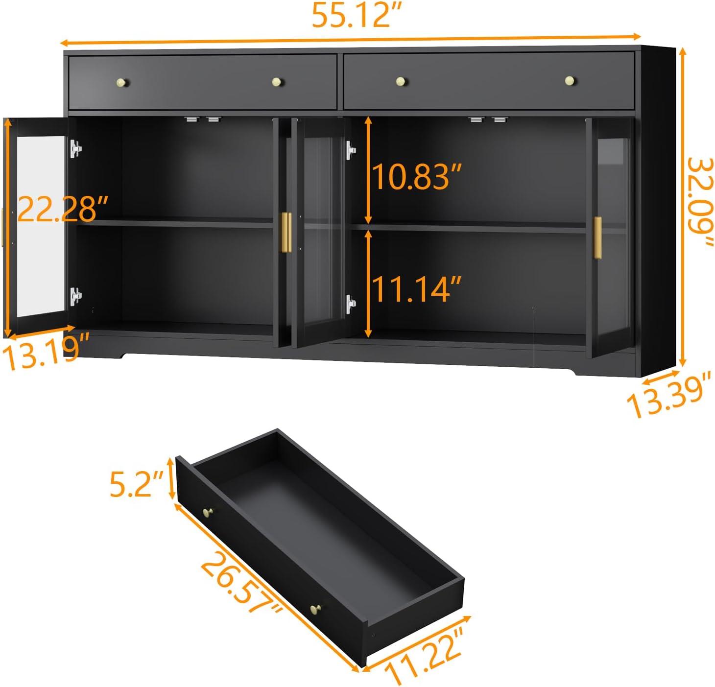 Black LED Light Glass Door Sideboard Cabinet