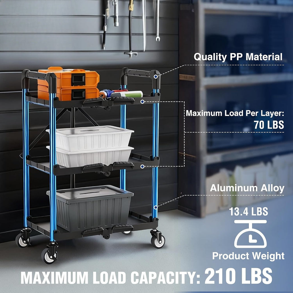 Foldable 3-Tier Rolling Service Cart