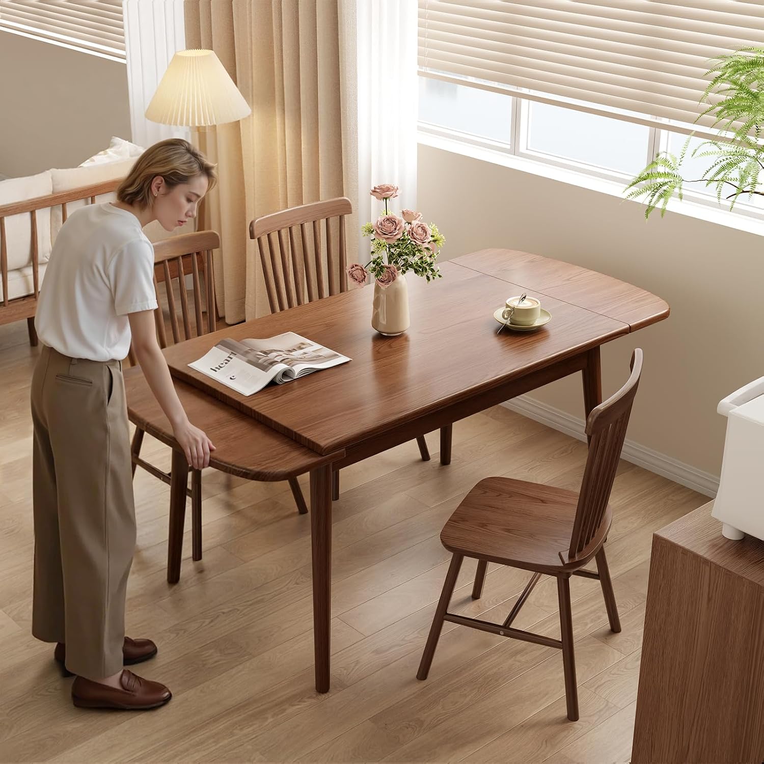 Walnut 3-in-1 Solid Wood Extendable Dining Table