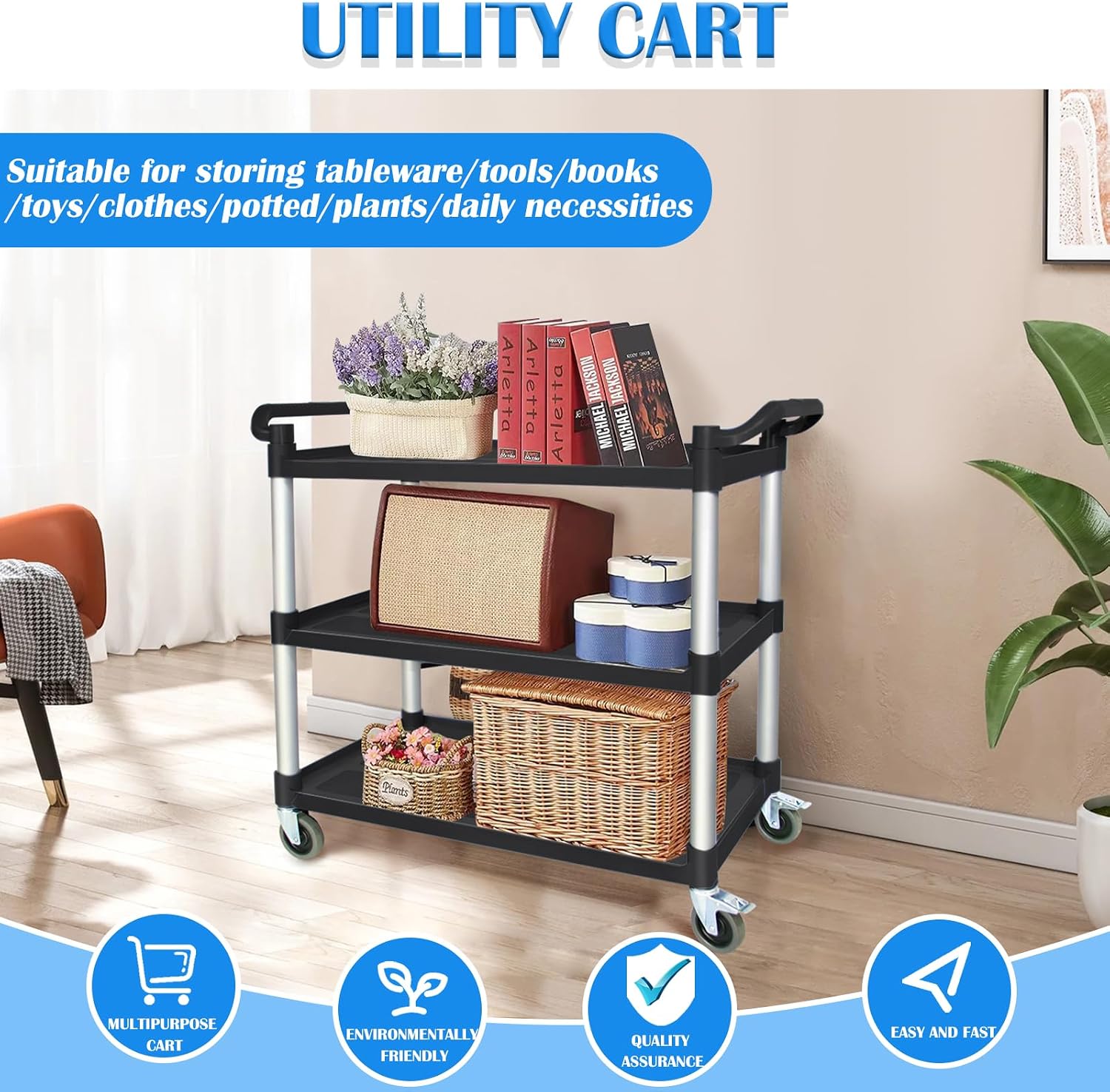 3-Tier Rolling Plastic Utility Cart