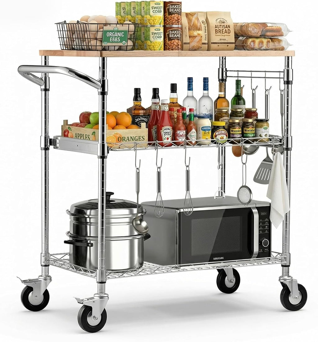 Wood Top 3-Tier Rolling Kitchen Cart