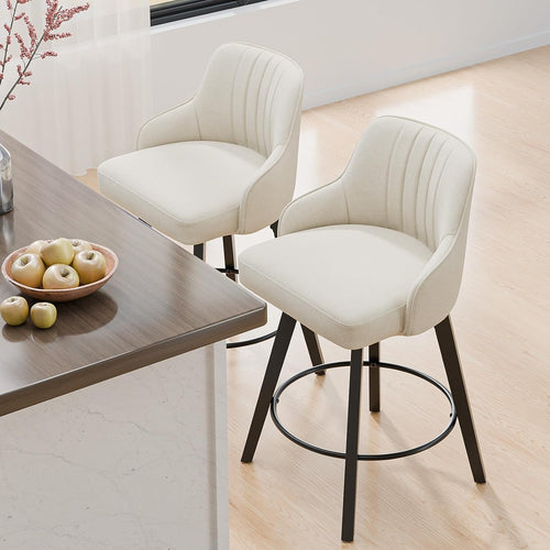 Beige Linen Wood Swivel Bar Stools Set of 2