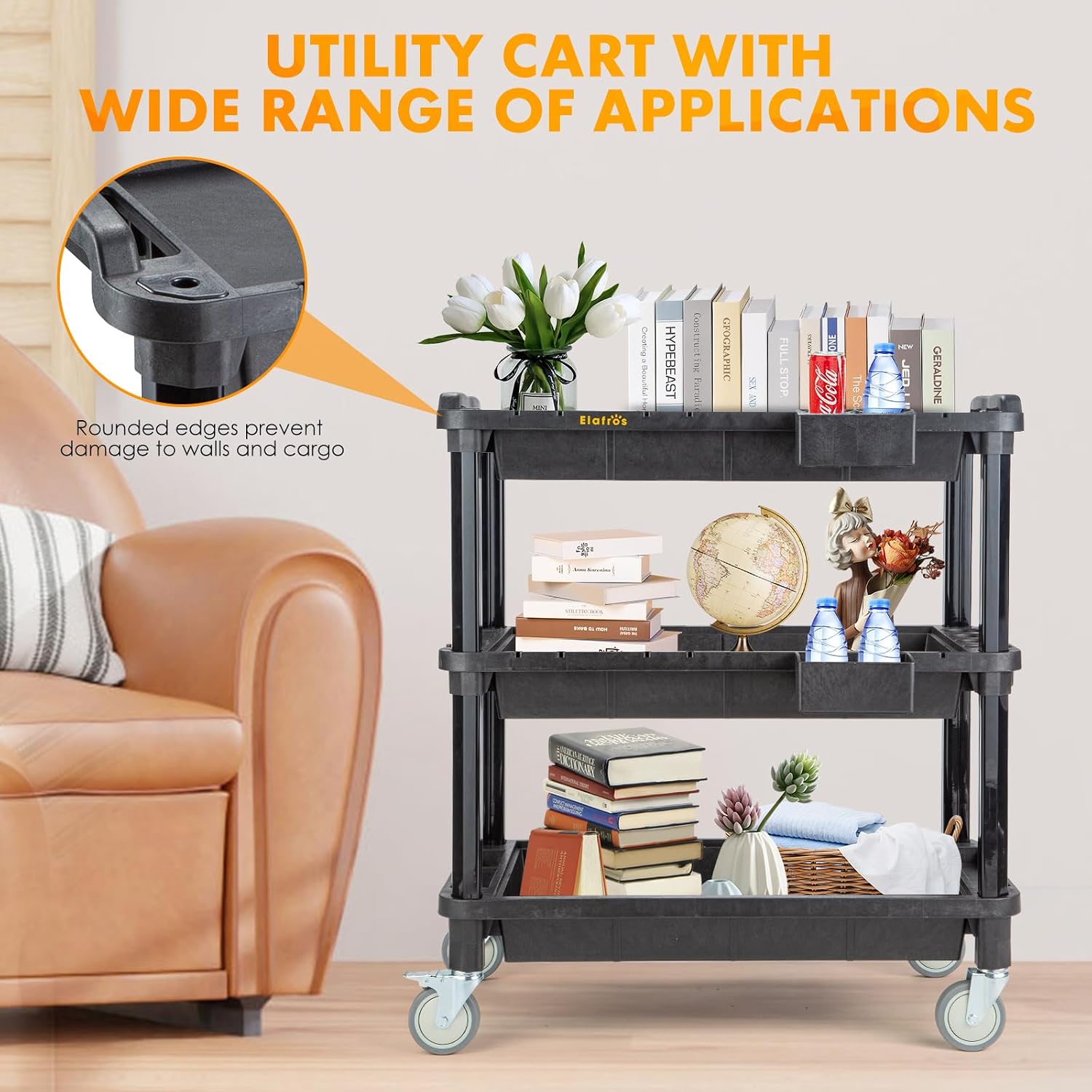 3-Tier Industrial Plastic Rolling Utility Cart