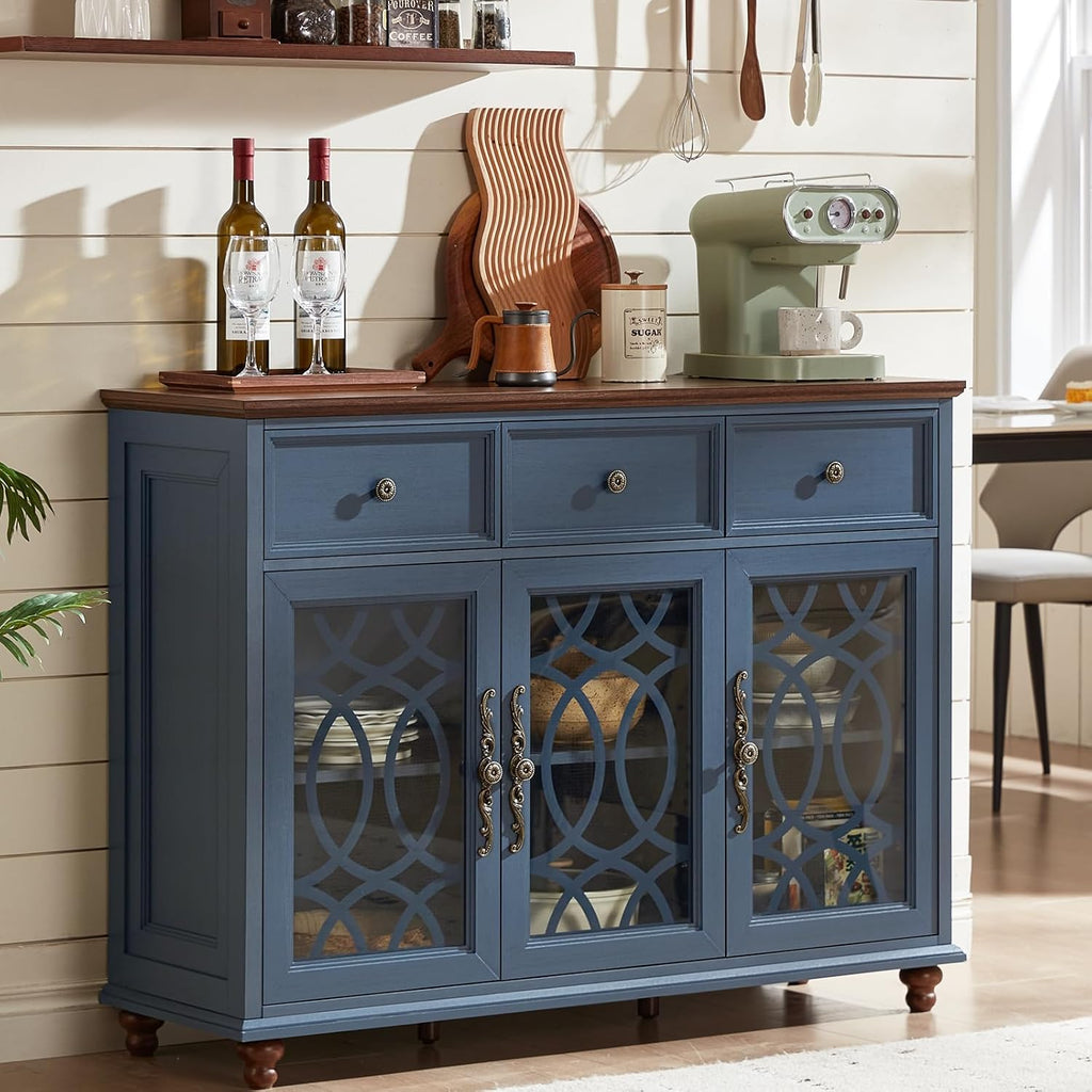 Navy Blue Farmhouse Glass Door Sideboard Cabinet