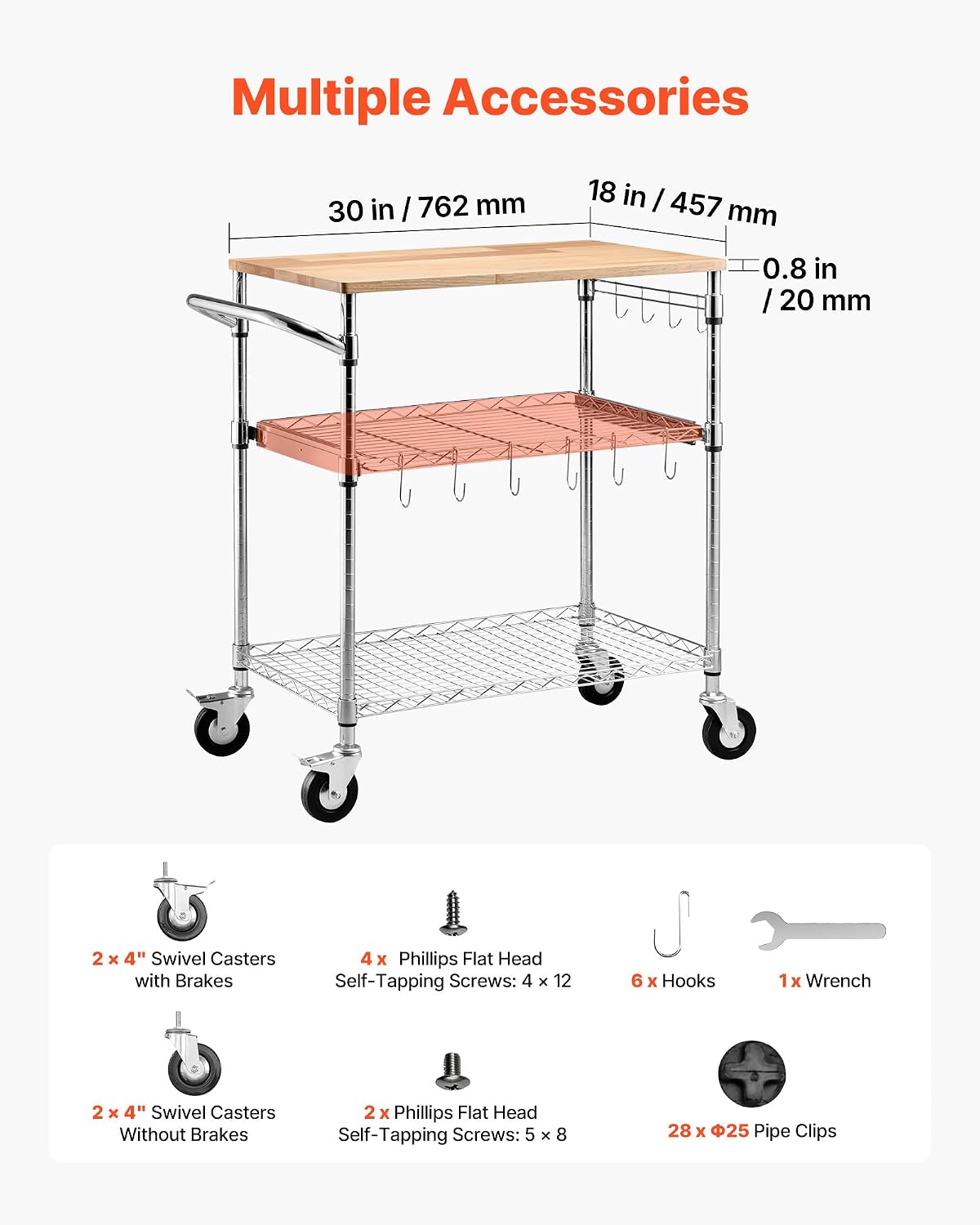Wood Top 3-Tier Rolling Kitchen Cart