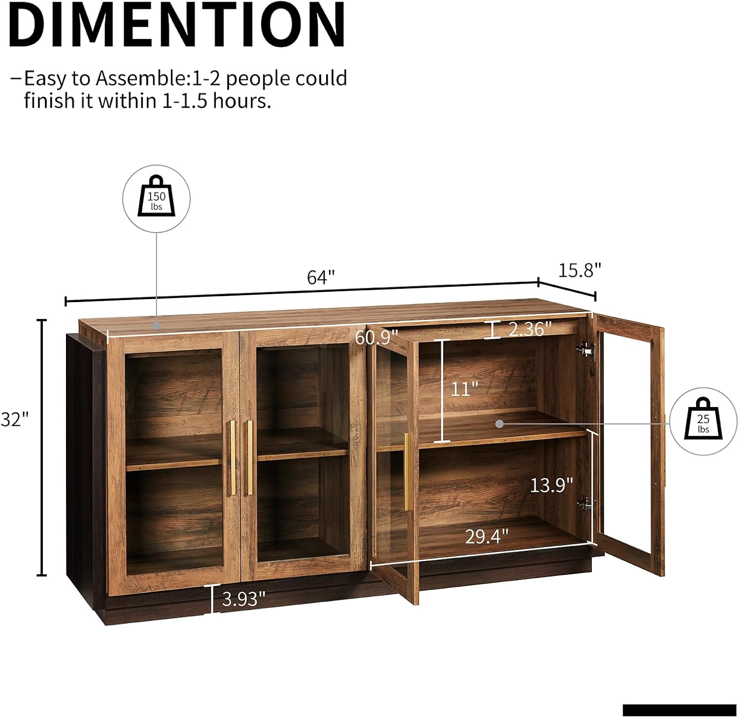 Barnwood Brown Glass Door Sideboard Cabinet
