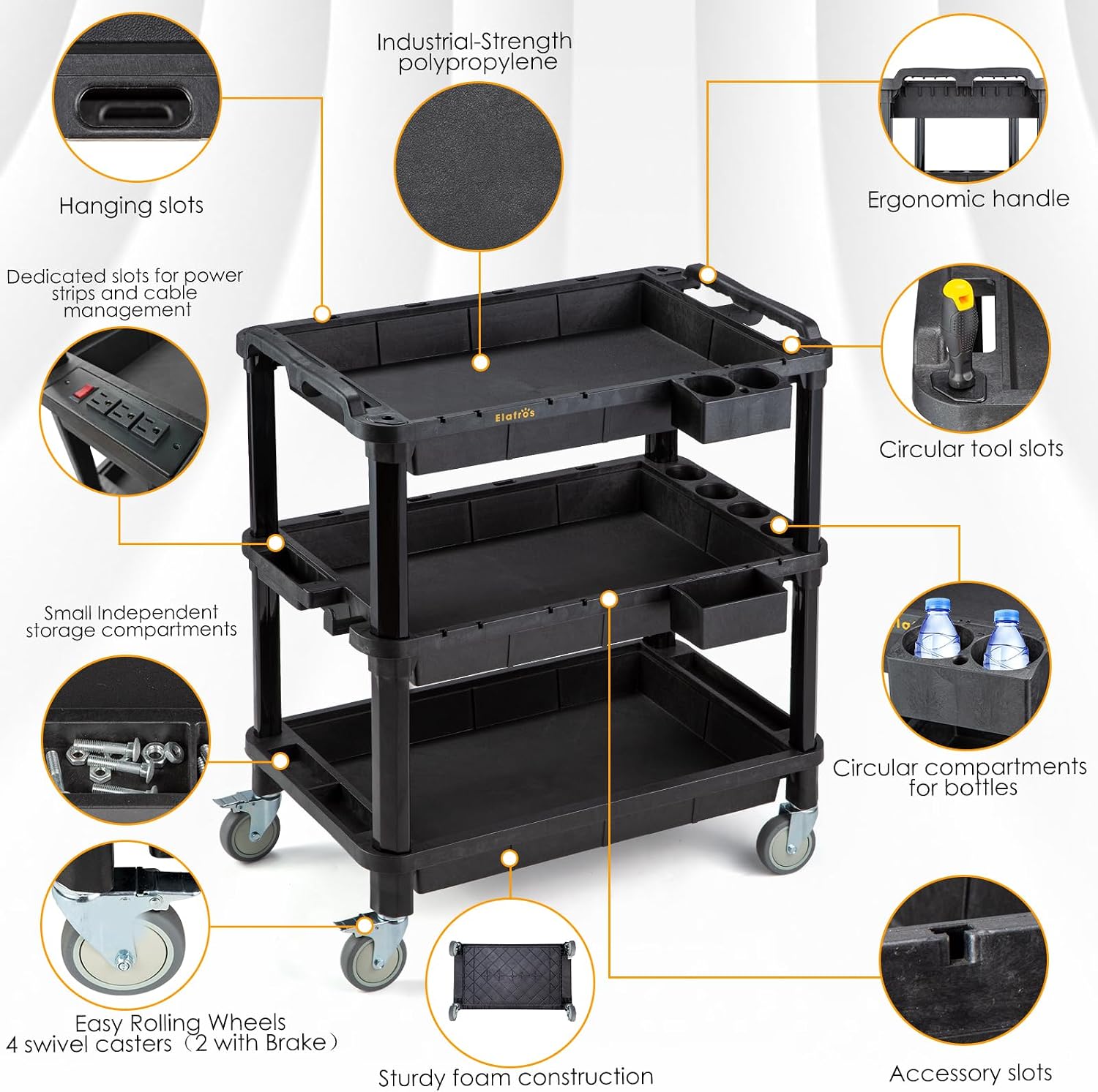 3-Tier Industrial Plastic Rolling Utility Cart