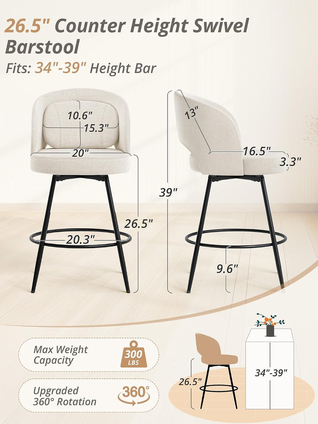 Linen Swivel Metal Stools Set 3