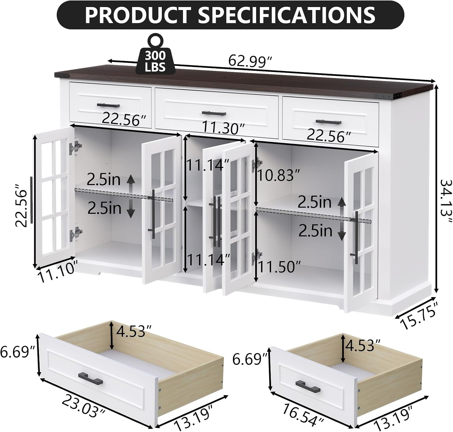 White Farmhouse Glass Door Sideboard Cabinet