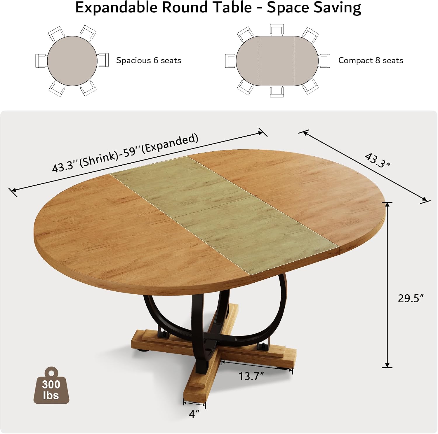 Oak Extendable Round Dining Table with X-Base Metal Legs