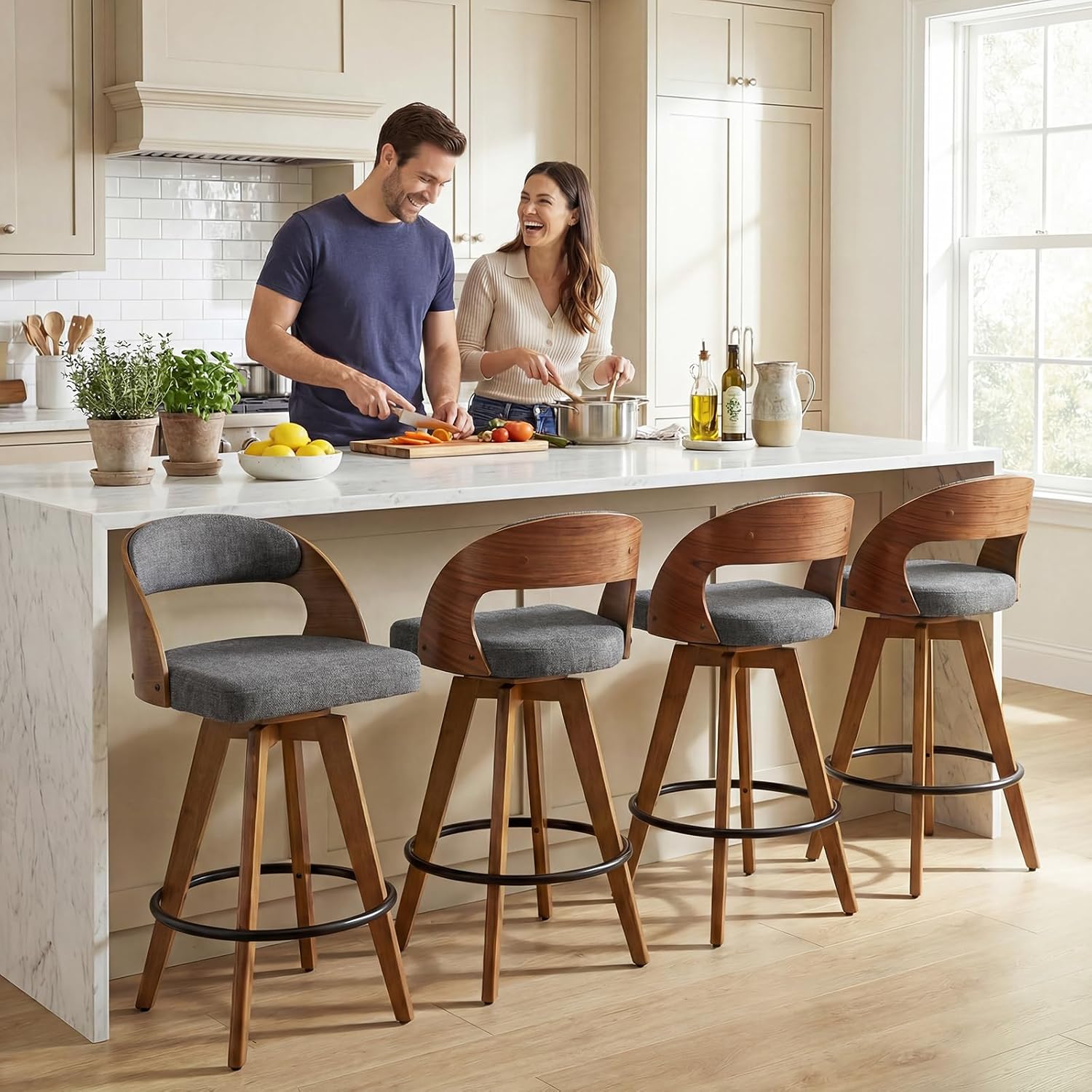 Gray Fabric Swivel Counter Stools Set 2