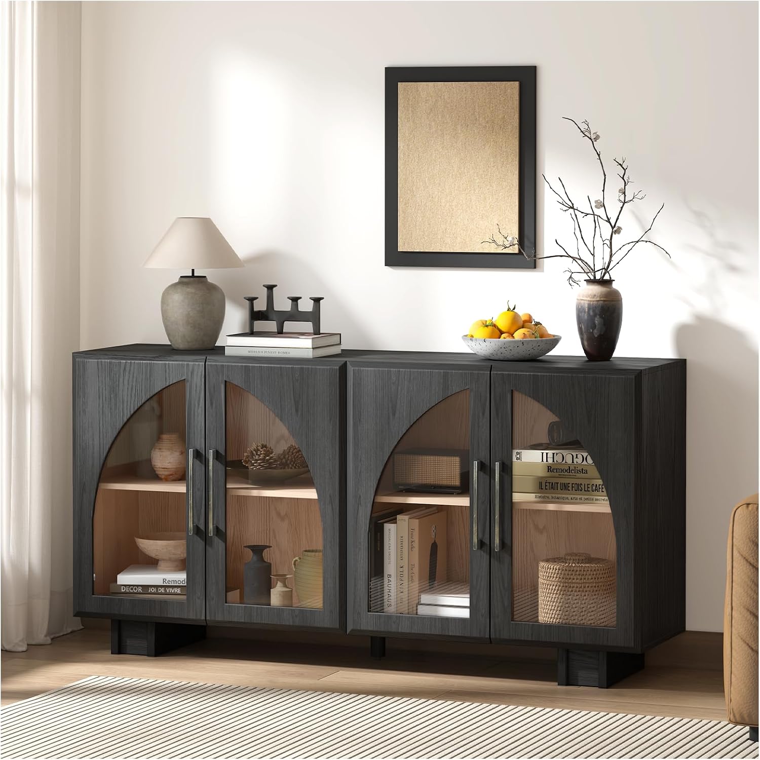 Black Modern Arched Glass Door Sideboard Cabinet