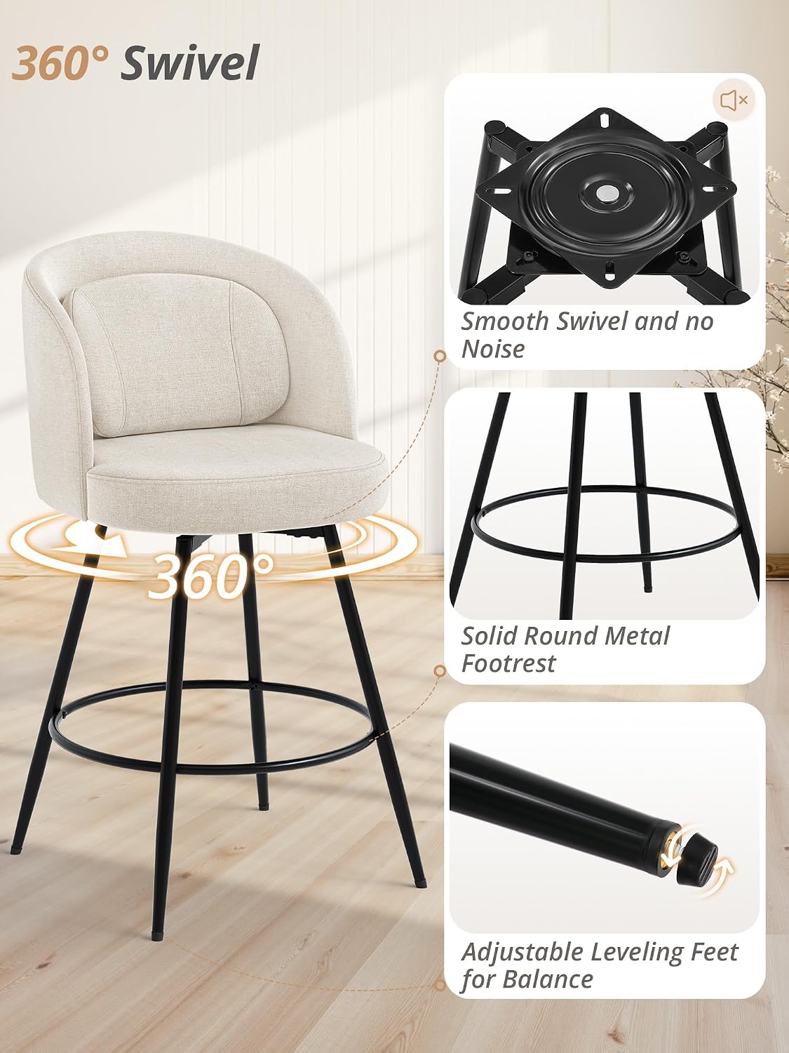 Linen Swivel Metal Stools Set 3