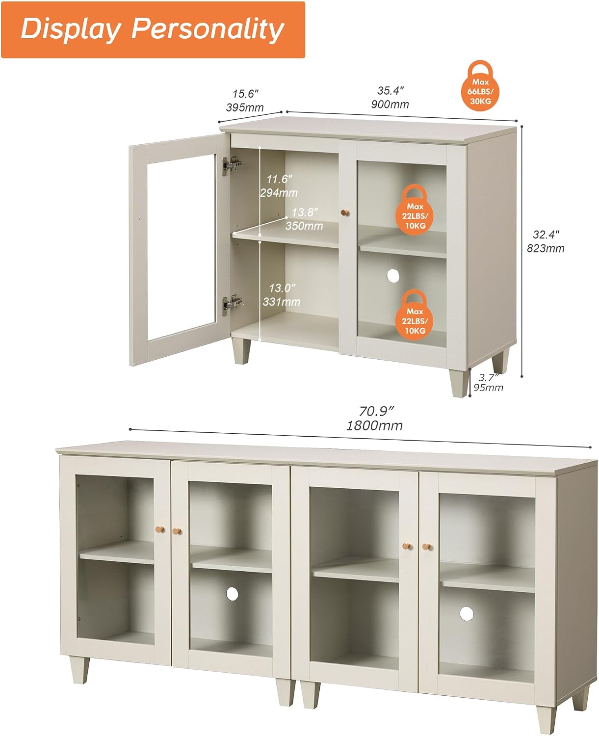 Light Beige Tempered Glass Door Coffee Bar Sideboard
