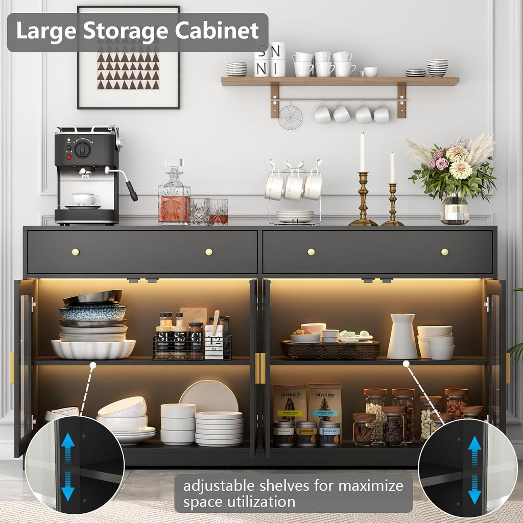 Black LED Light Glass Door Sideboard Cabinet