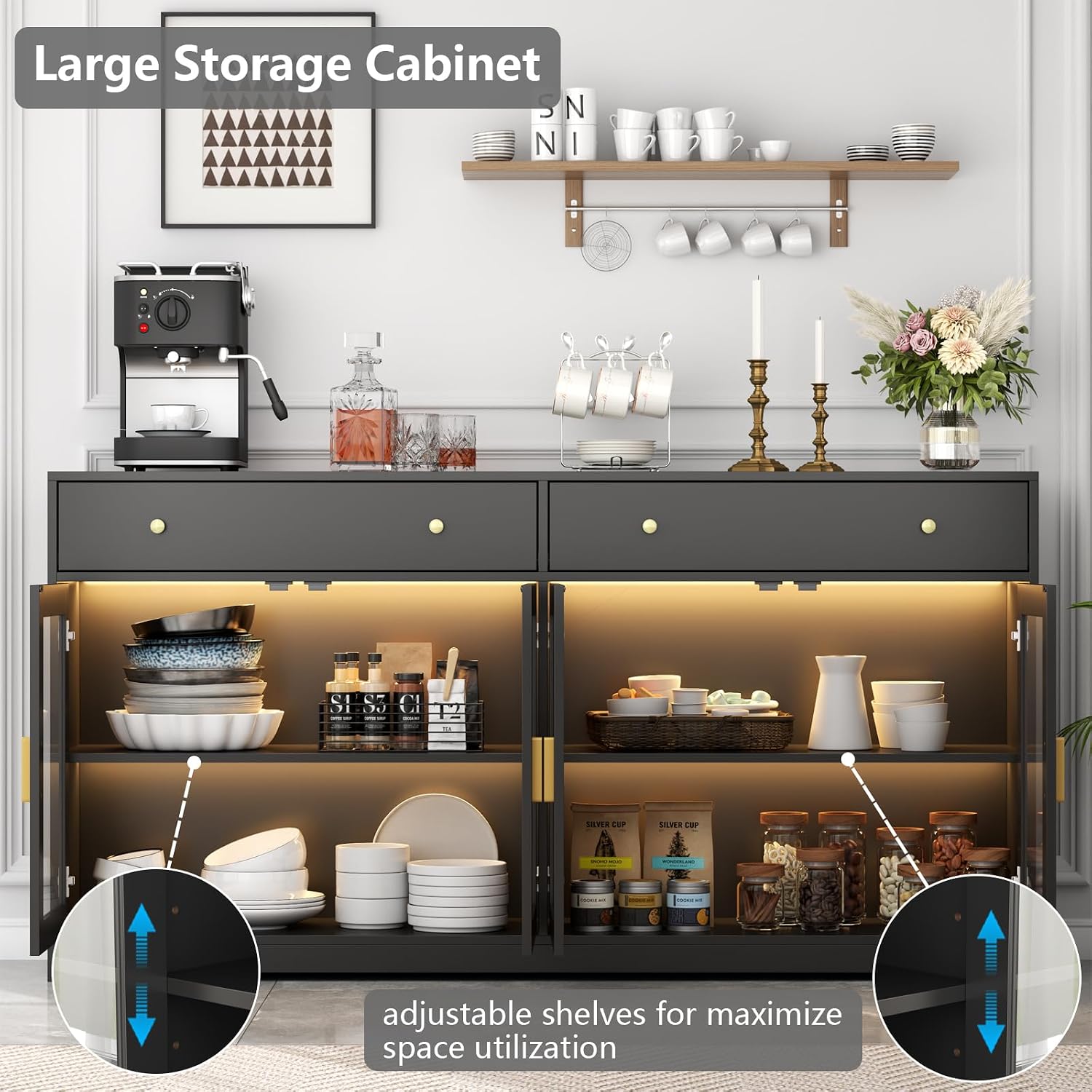 Black LED Light Glass Door Sideboard Cabinet