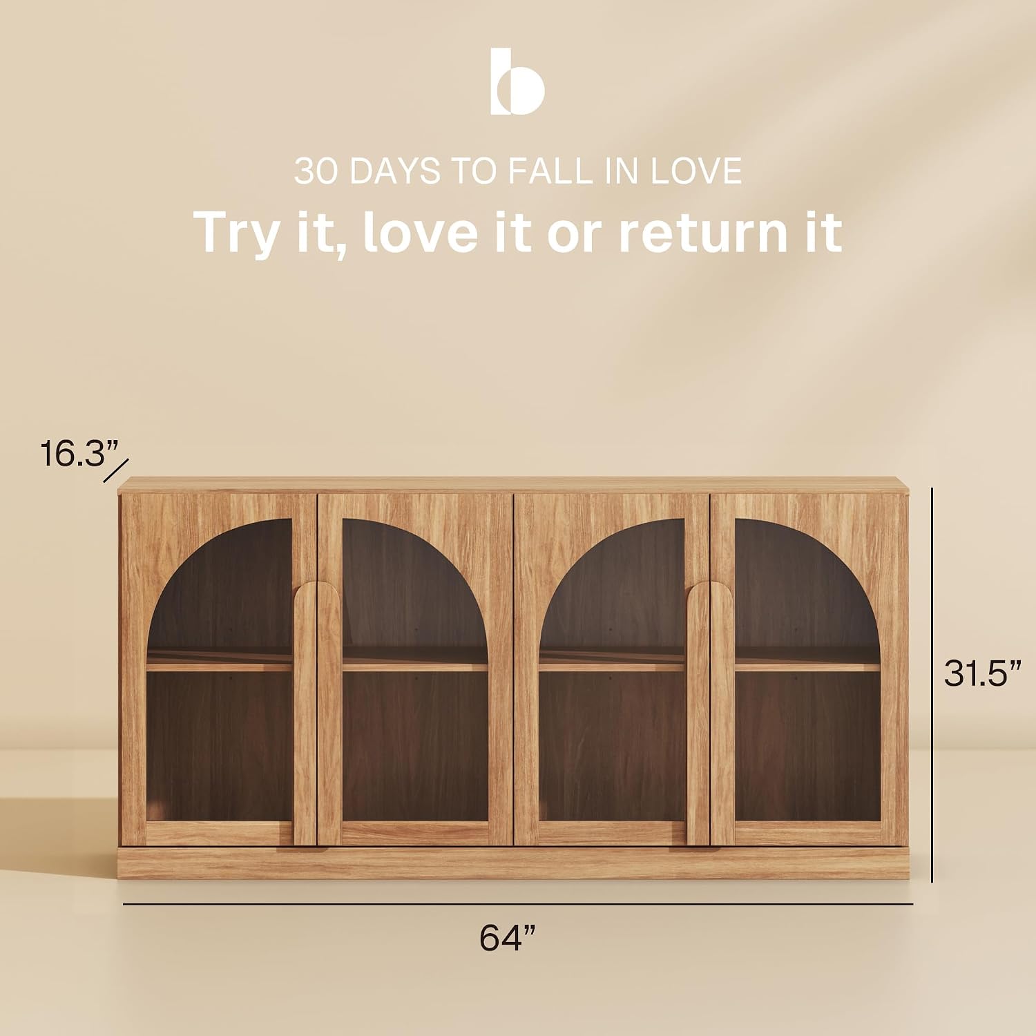 Camel Arched Glass Door Sideboard Buffet Cabinet