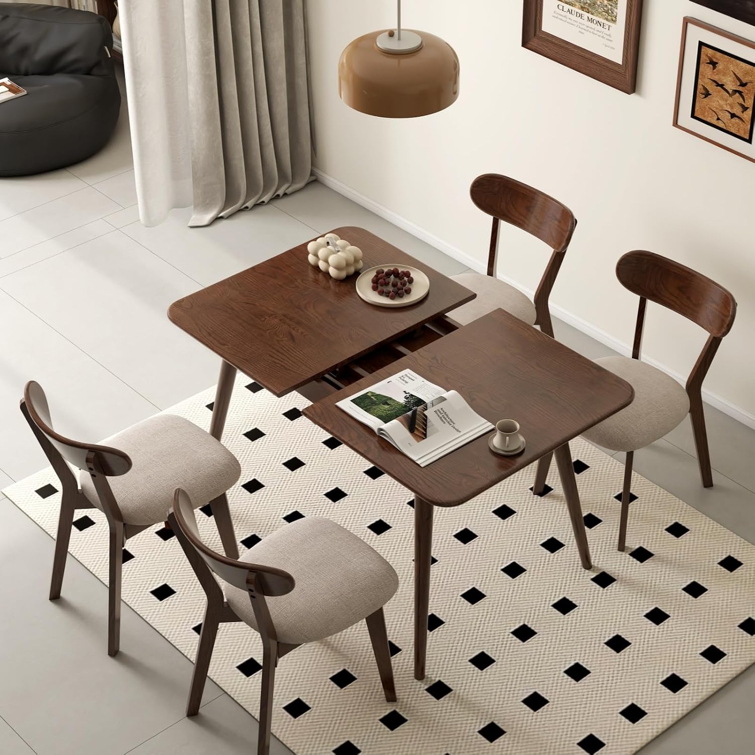 Walnut Oak Extendable Dining Table Set with 4 Cushion Chairs