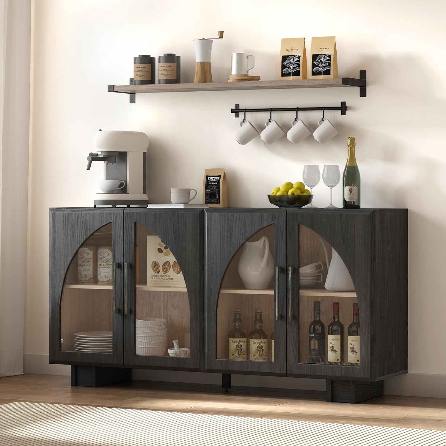 Black Modern Arched Glass Door Sideboard Cabinet