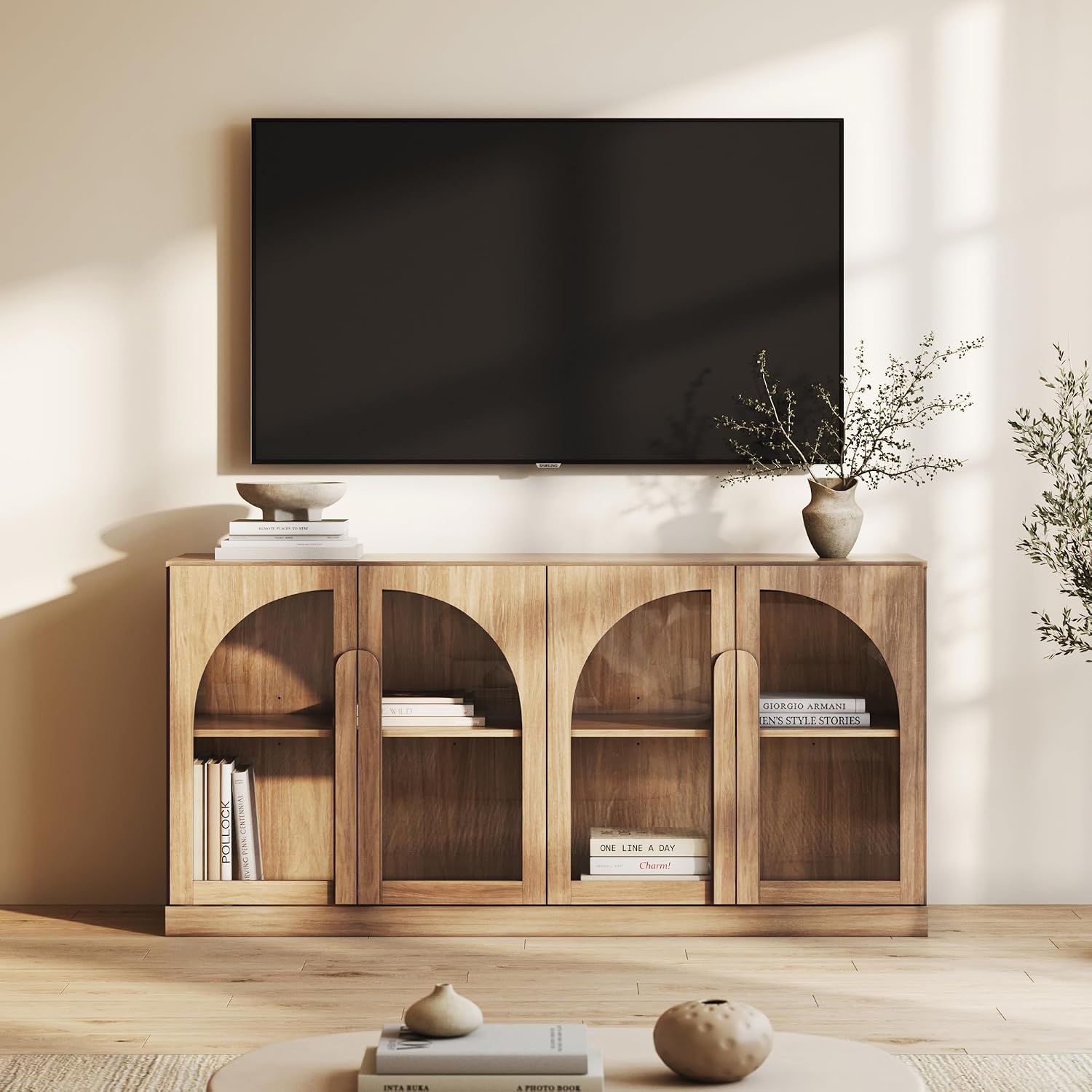 Camel Arched Glass Door Sideboard Buffet Cabinet