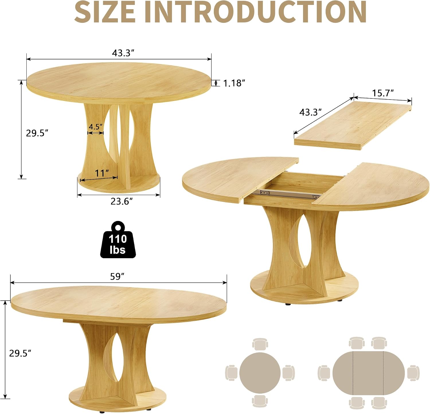 Oak Expandable Round Oval Dining Table with Hidden Storage