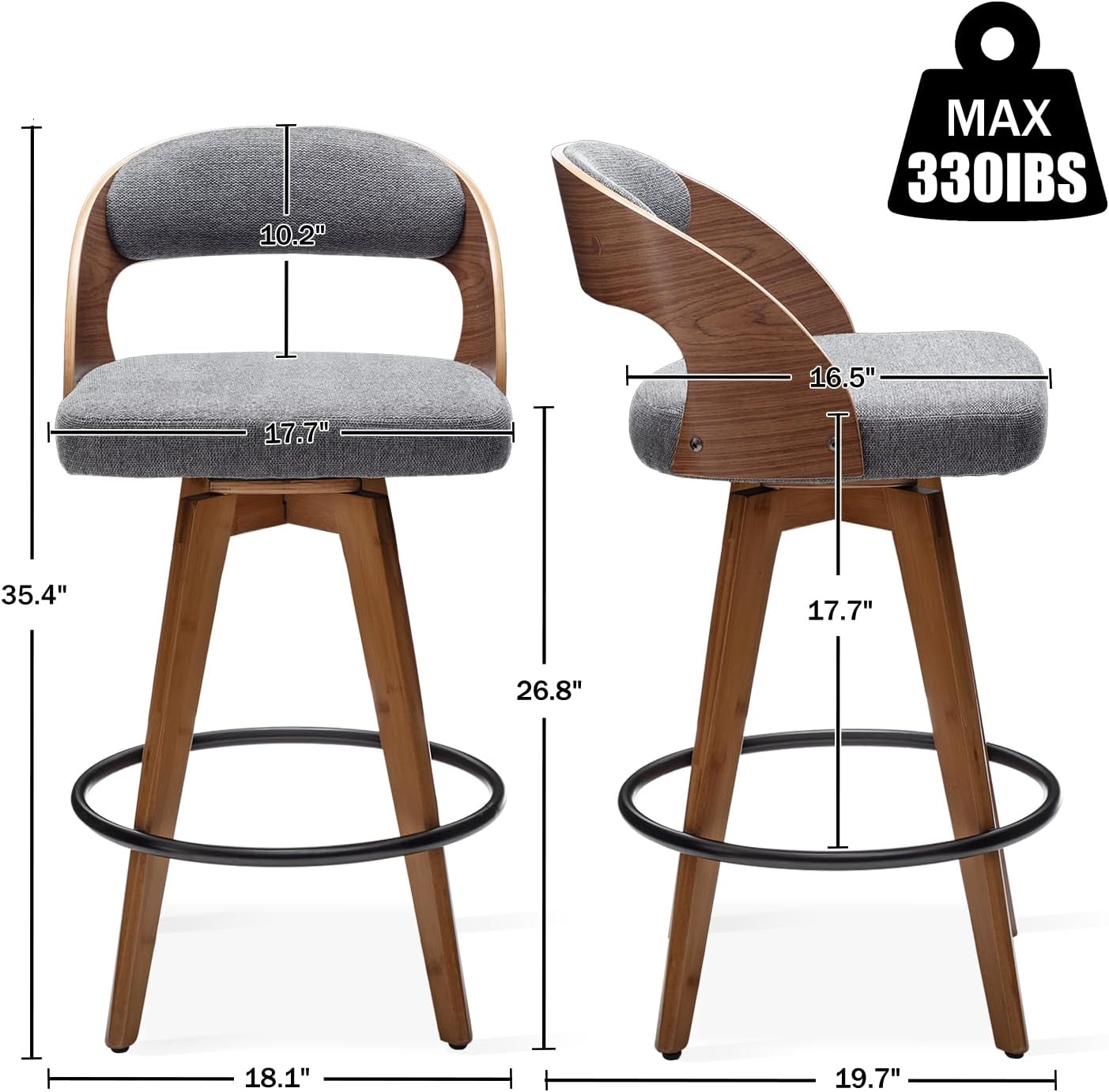 Gray Fabric Swivel Counter Stools Set 2