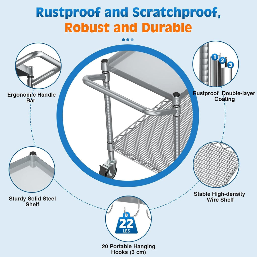 Silver 2-Tier Large Rolling Tool Cart