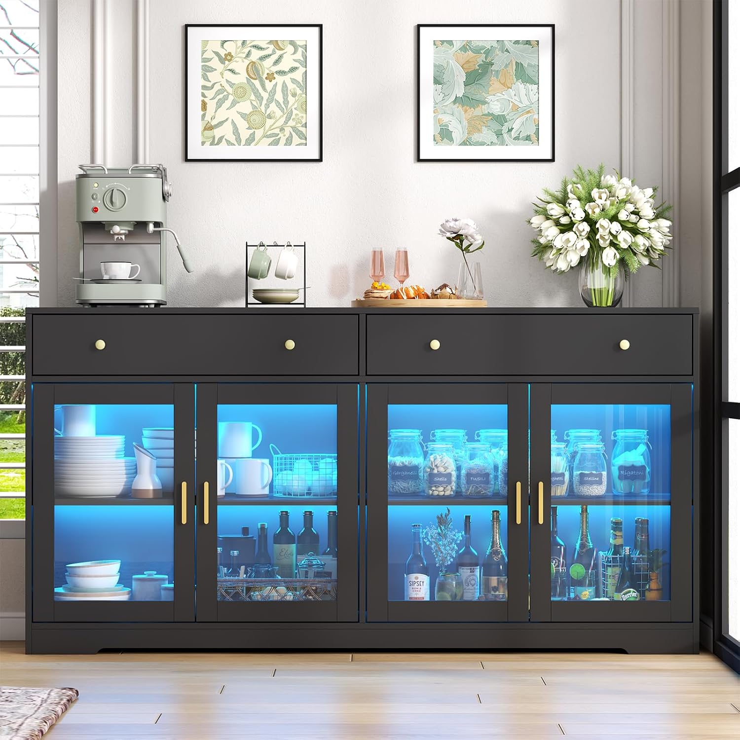 Black LED Light Glass Door Sideboard Cabinet