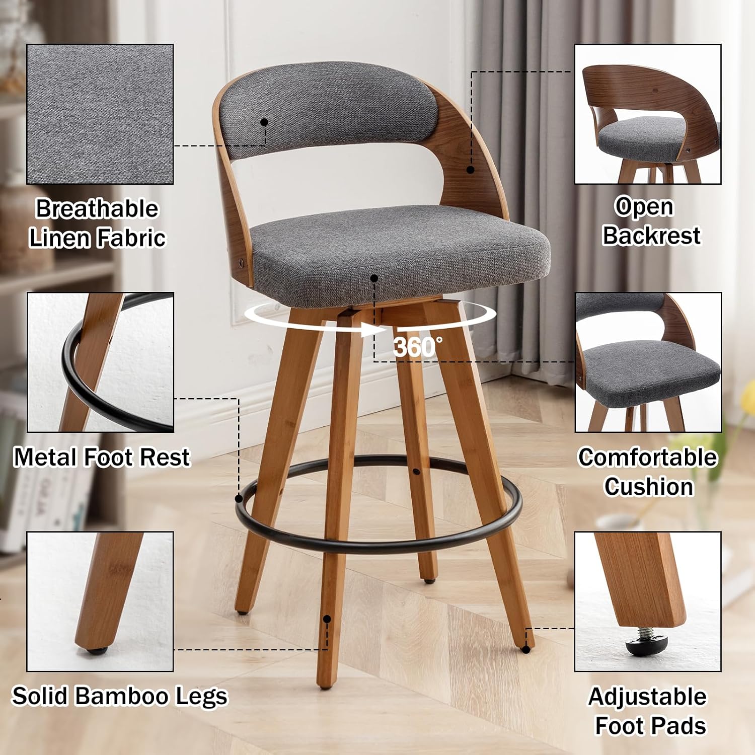 Gray Fabric Swivel Counter Stools Set 2