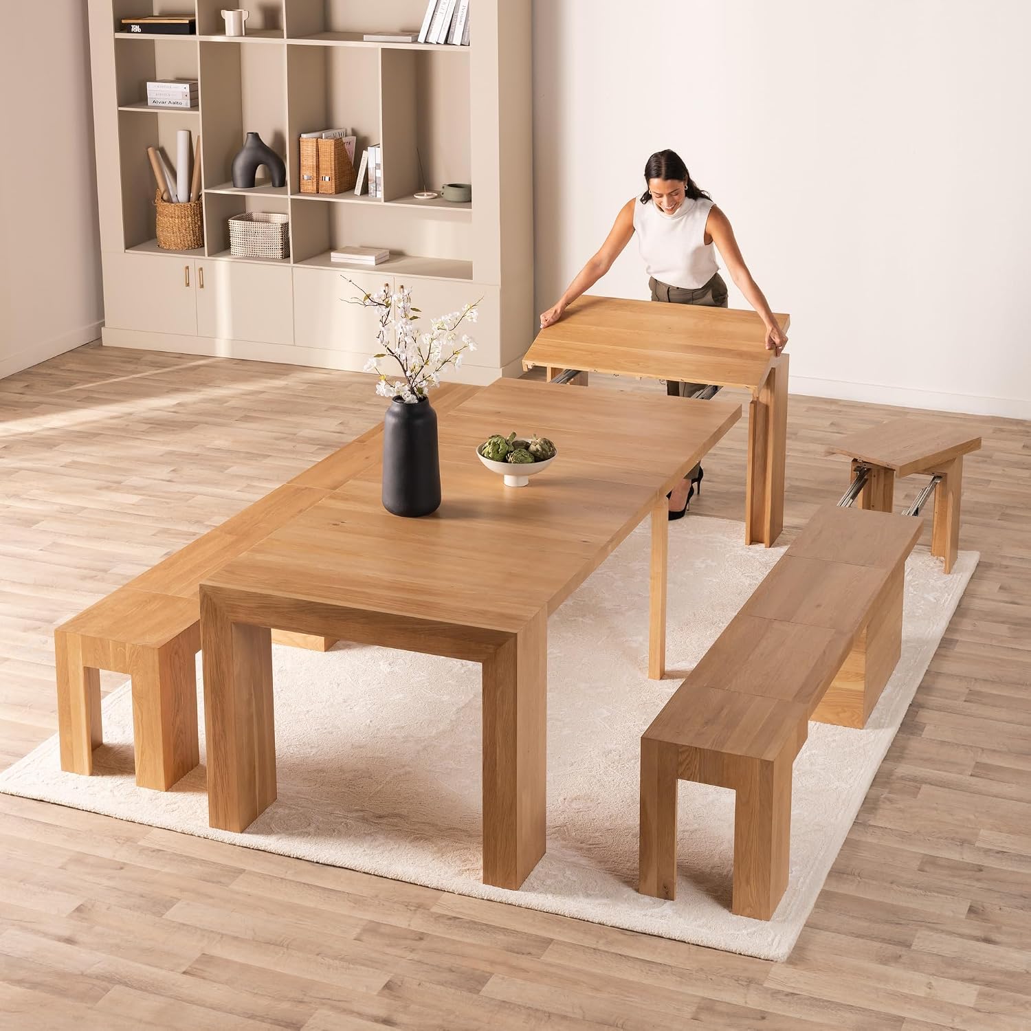 Oak Extendable Dining Table with 2 Benches