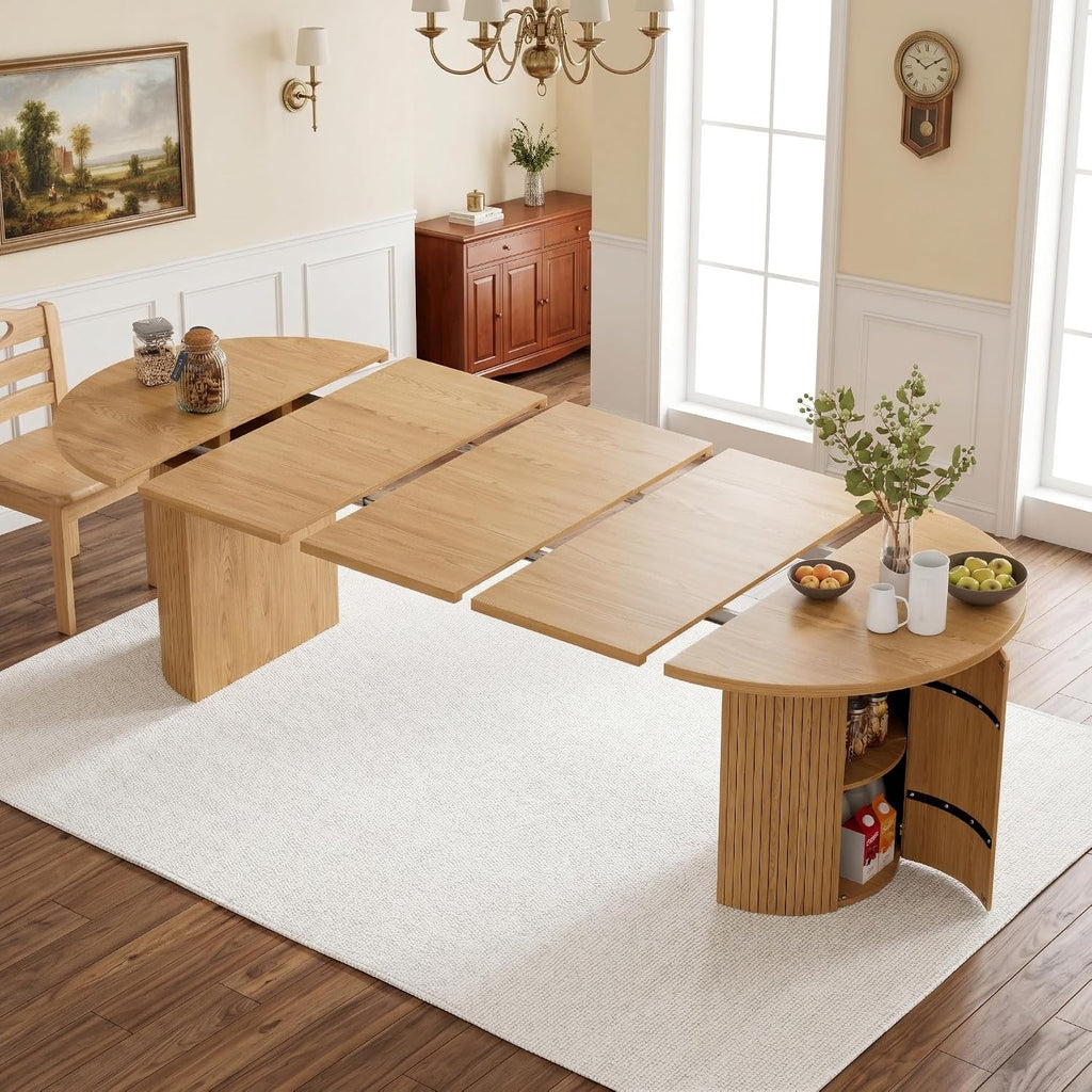 Natural Oak Fluted Oval Extendable Dining Table with 3 Leaves & Storage