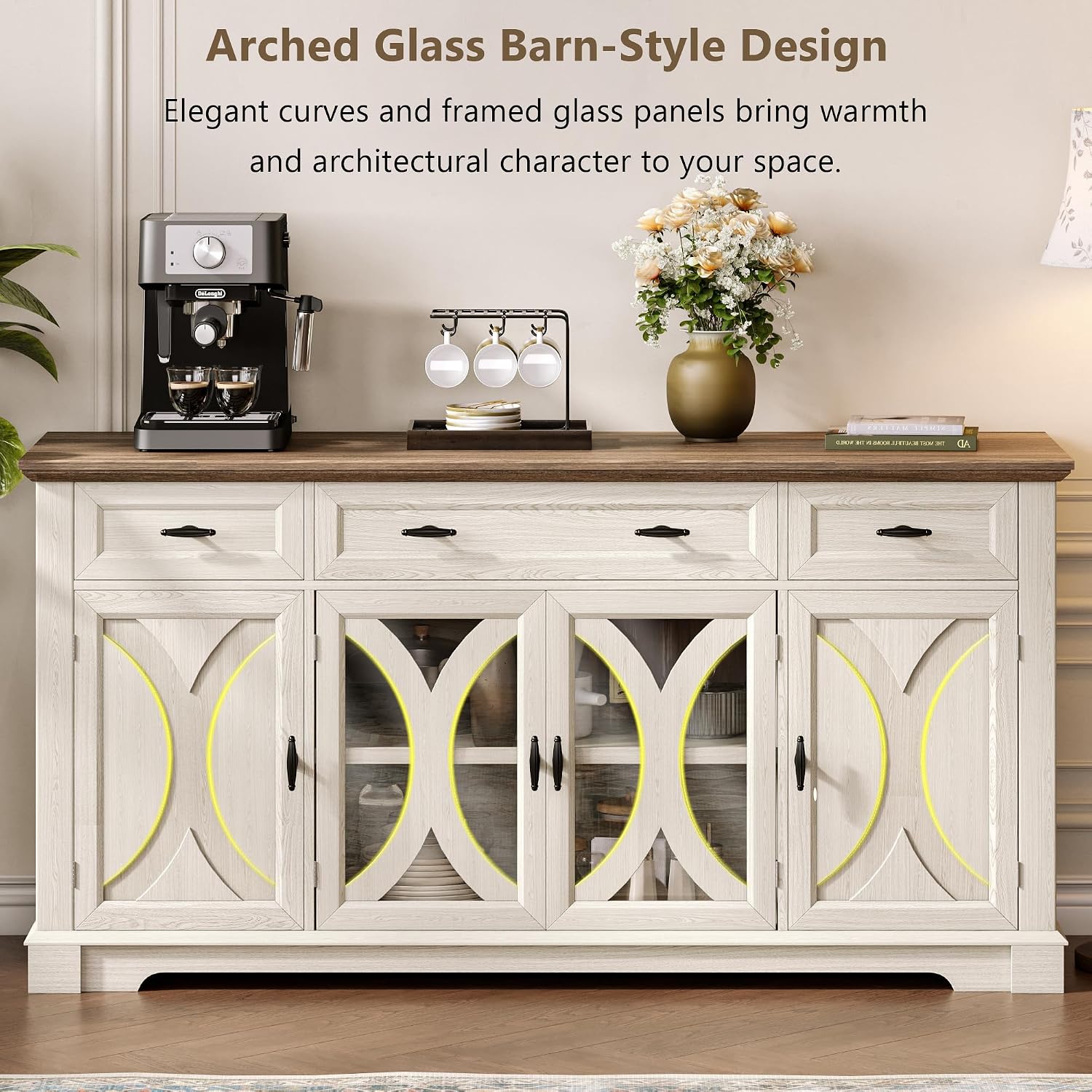 White Farmhouse Curved Glass Door Sideboard Cabinet