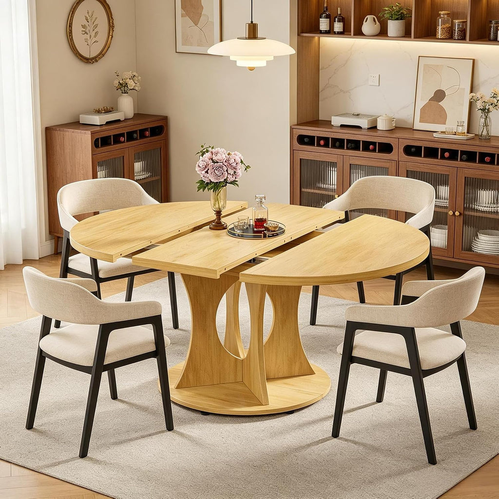 Oak Expandable Round Oval Dining Table with Hidden Storage