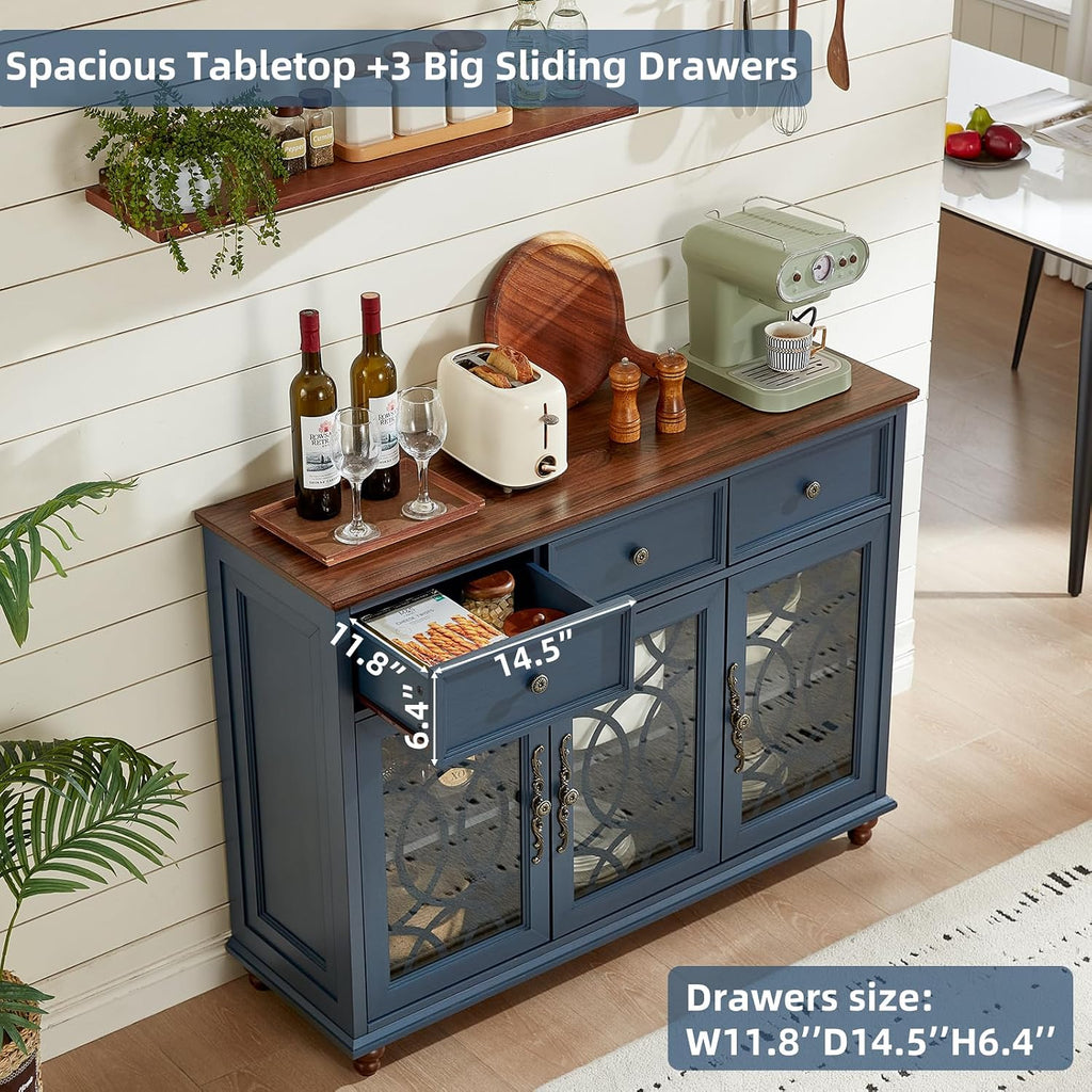 Navy Blue Farmhouse Glass Door Sideboard Cabinet