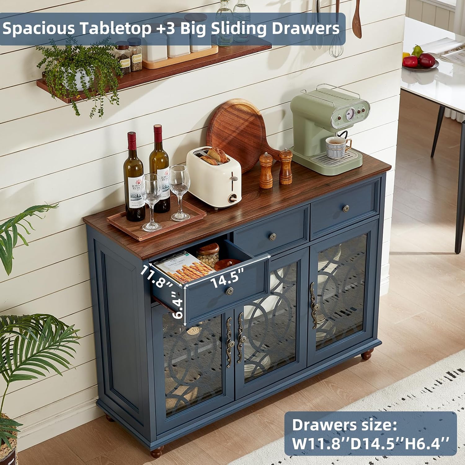 Navy Blue Farmhouse Glass Door Sideboard Cabinet