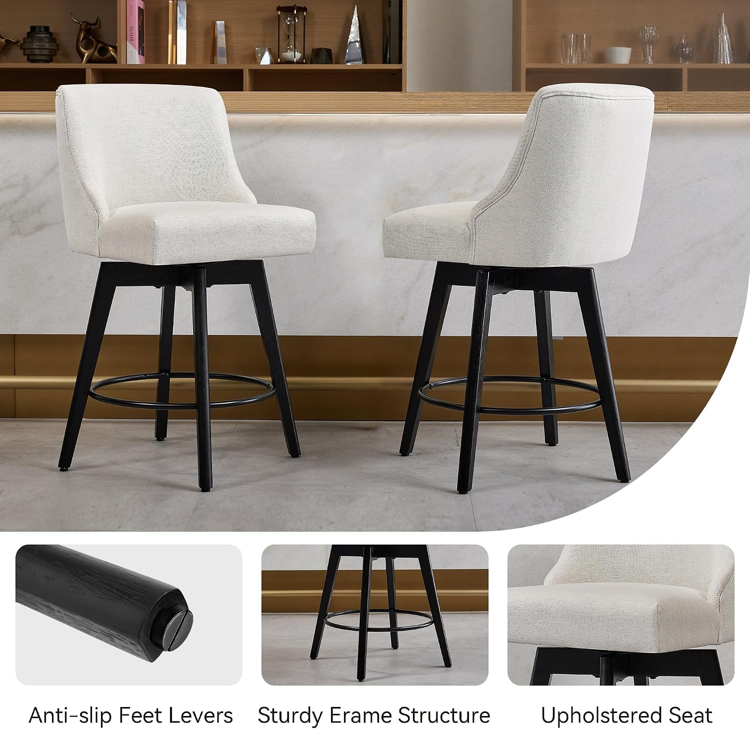 Cream Linen Wood Swivel Bar Stools Set of 3