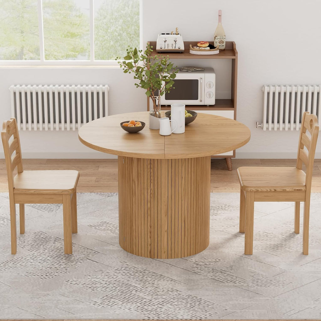 Natural Oak Fluted Oval Extendable Dining Table with 3 Leaves & Storage