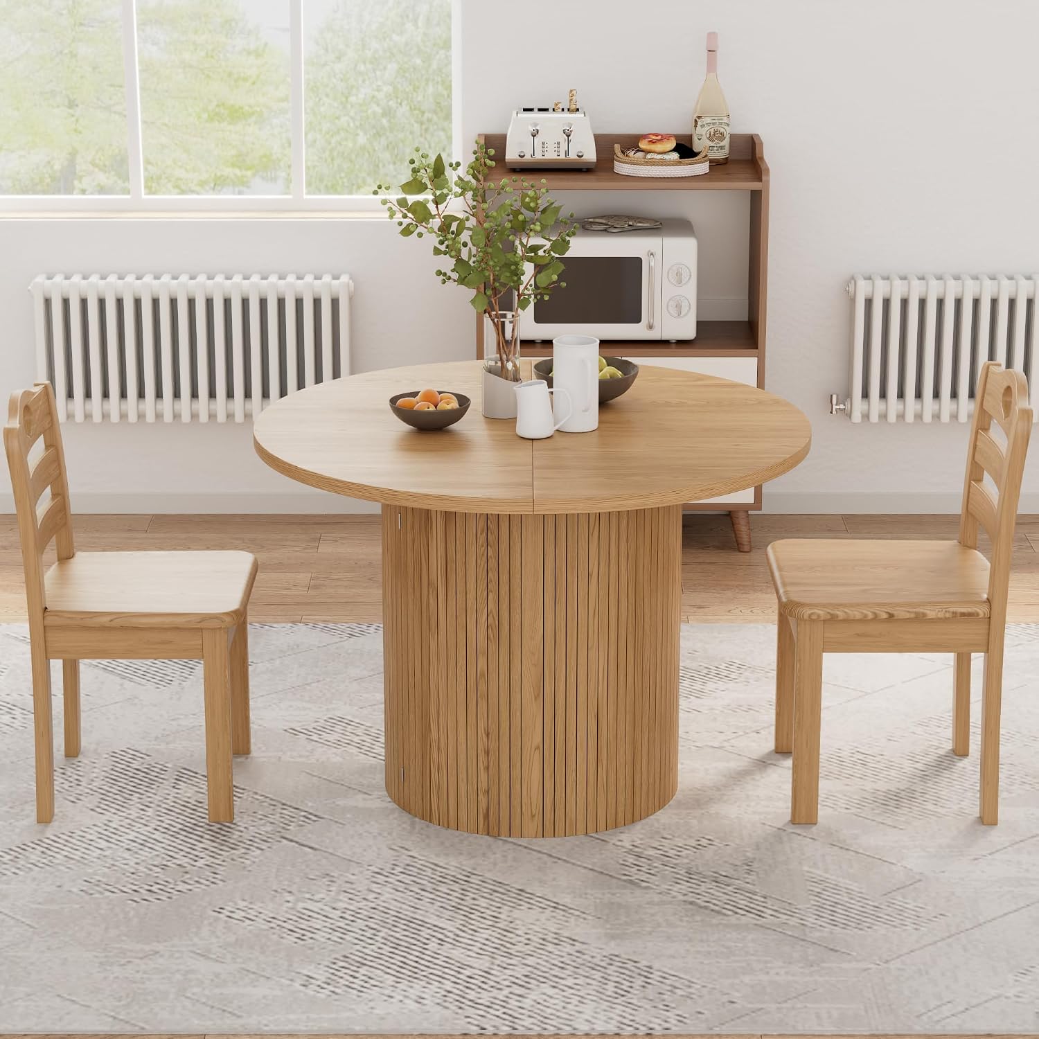 Natural Oak Fluted Oval Extendable Dining Table with 3 Leaves & Storage