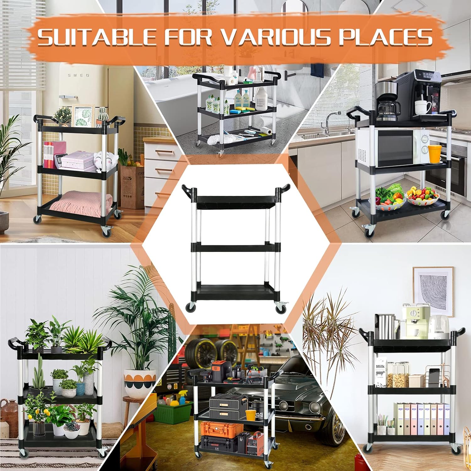 Black 3-Tier Heavy-Duty Service Cart