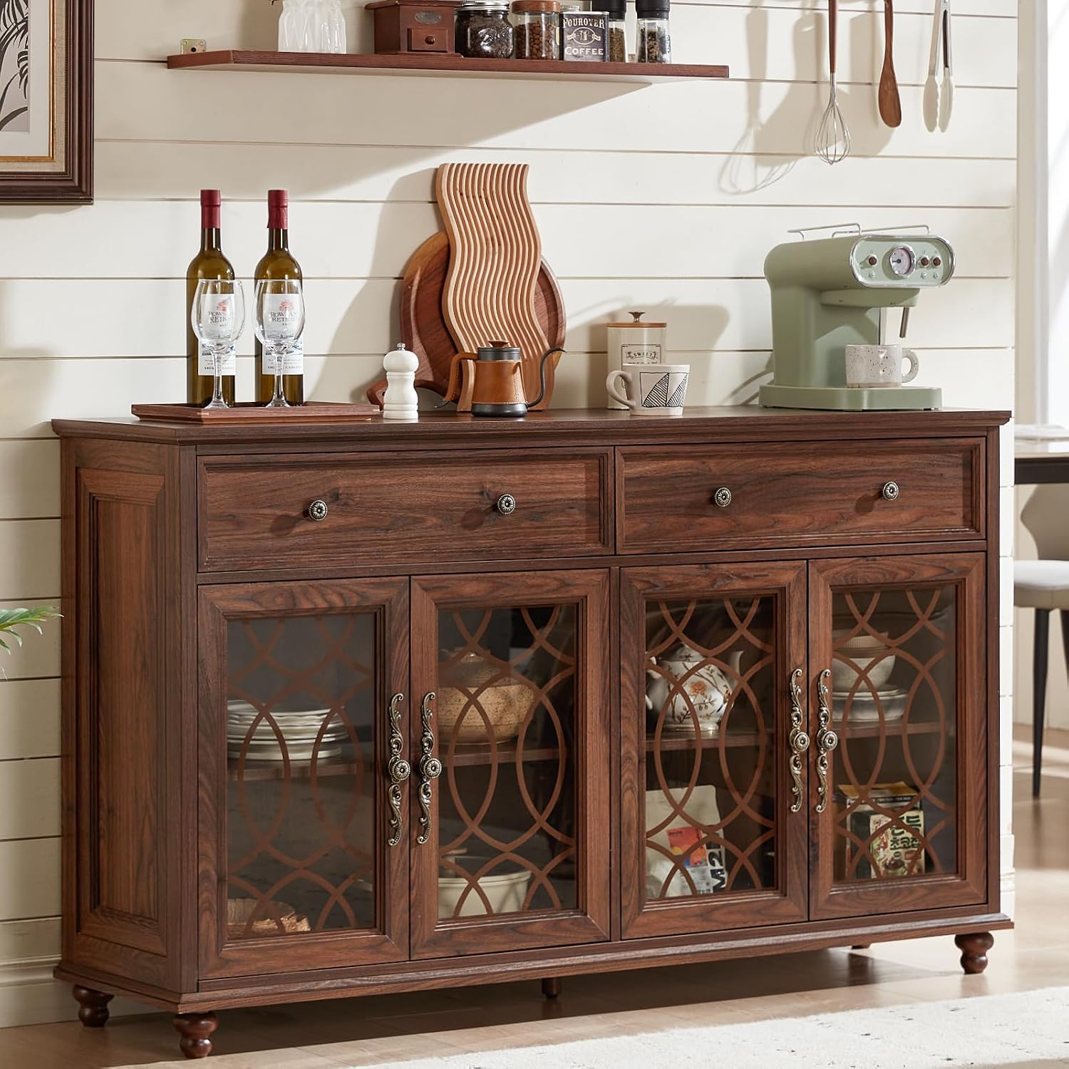 Brown Farmhouse Glass Door Sideboard Cabinet