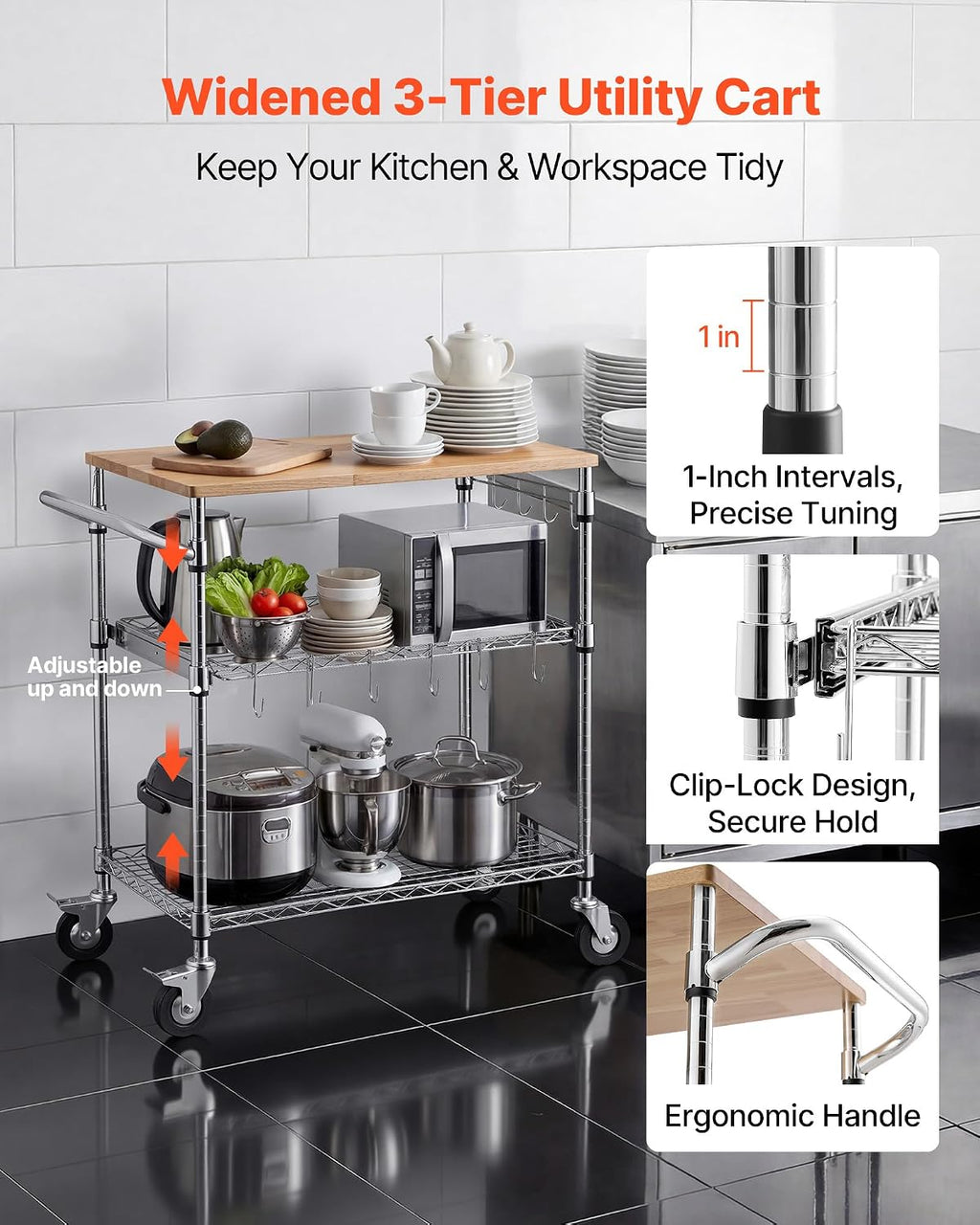 Wood Top 3-Tier Rolling Kitchen Cart