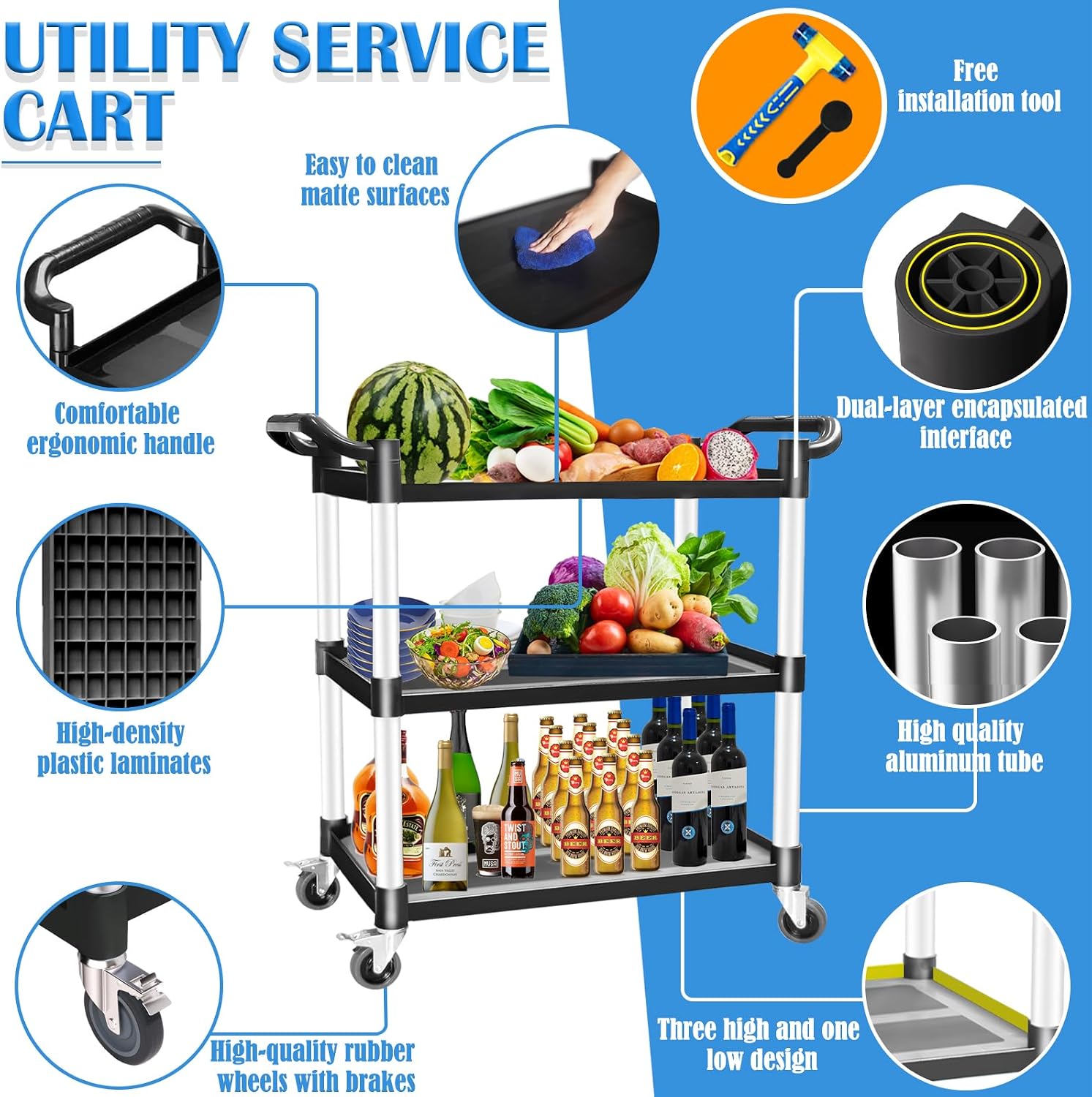 3-Tier Rolling Plastic Utility Cart