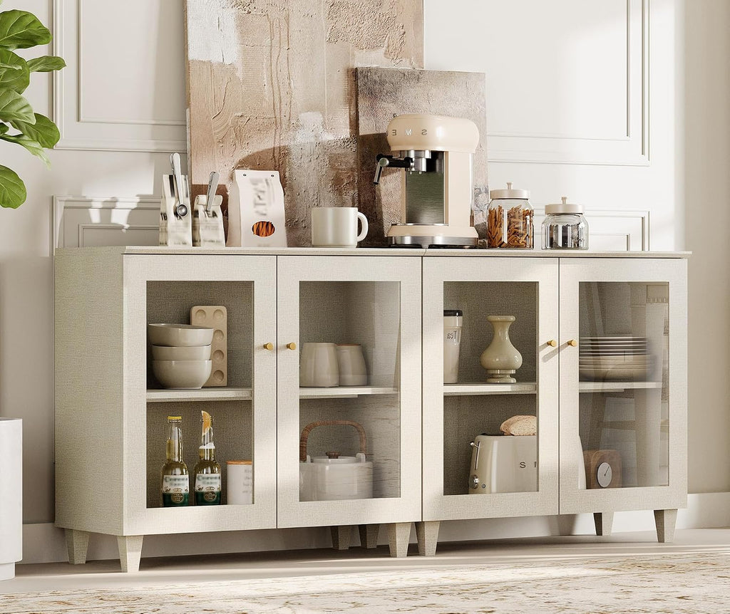 Light Beige Tempered Glass Door Coffee Bar Sideboard