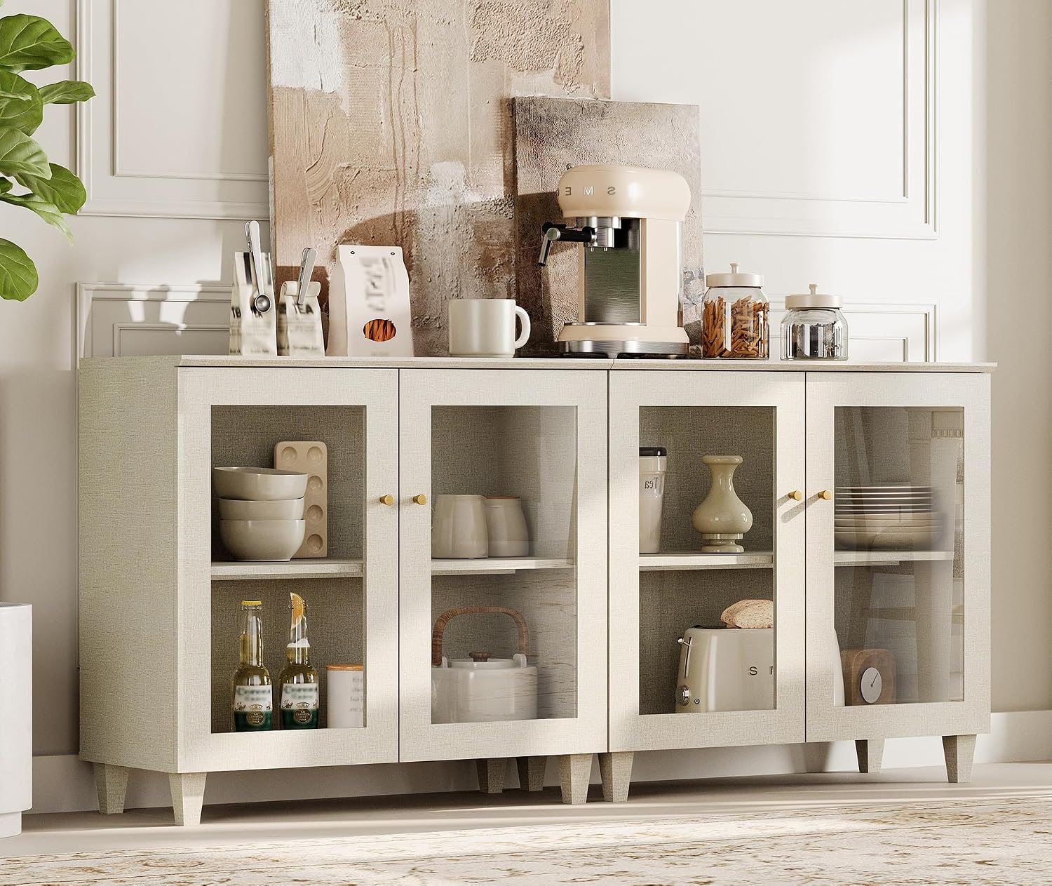 Light Beige Tempered Glass Door Coffee Bar Sideboard