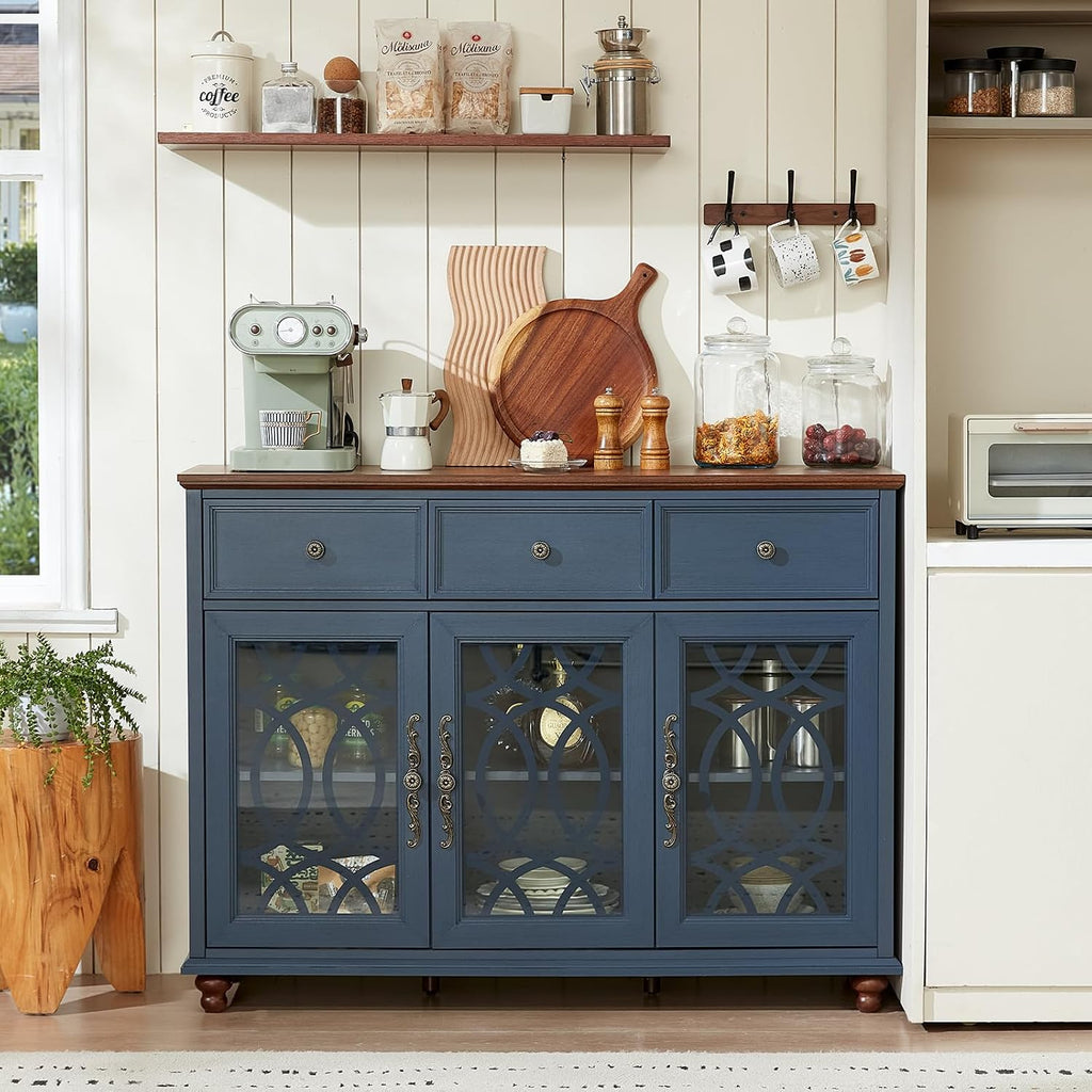 Navy Blue Farmhouse Glass Door Sideboard Cabinet