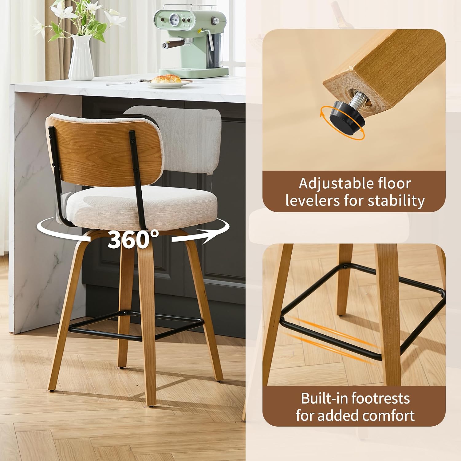 Beige Linen Swivel Stools Set 3