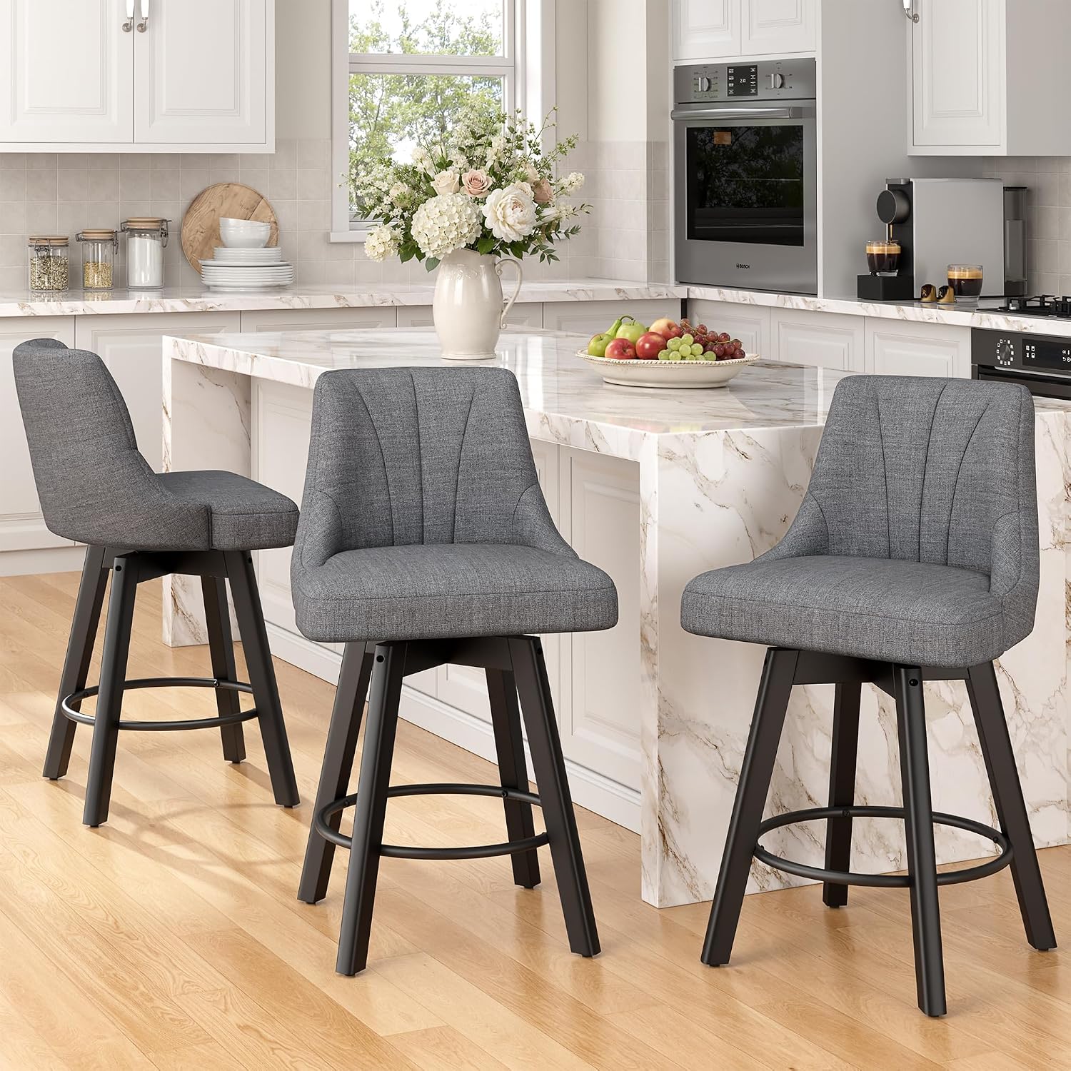 Dark Gray Wood Swivel Bar Stools Set of 3