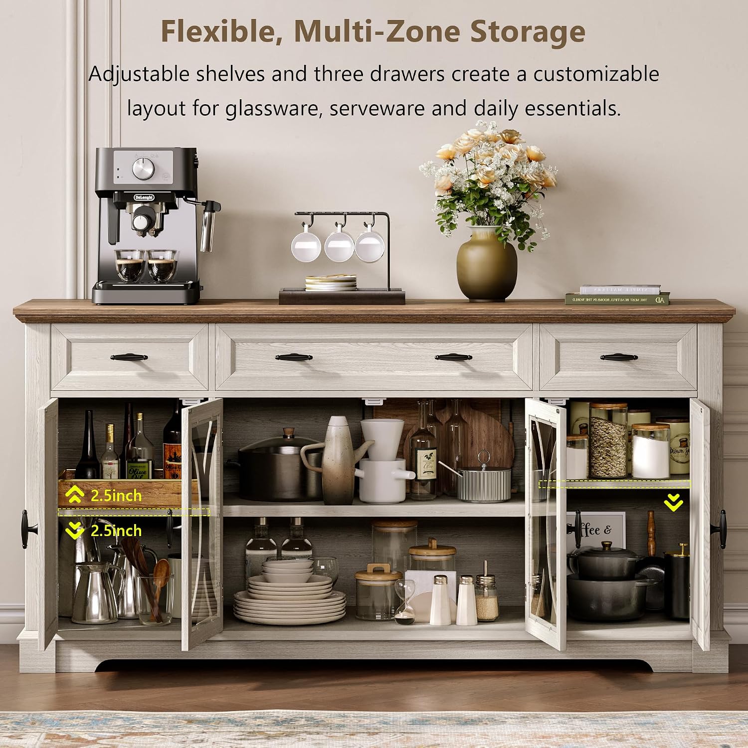 White Farmhouse Curved Glass Door Sideboard Cabinet